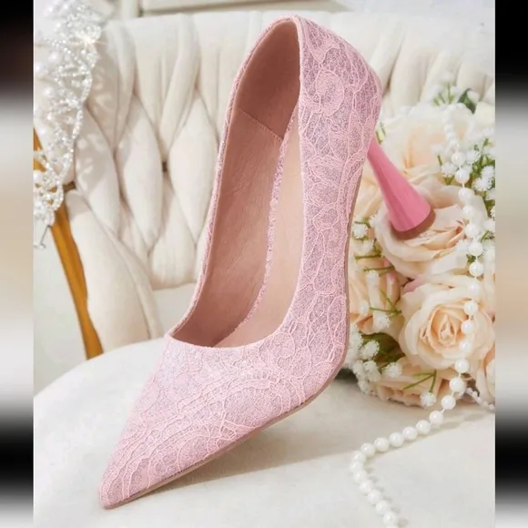 Elegant Pink Lace Pointed Toe High Heel Pumps,Comfortable Party Shoes For Women
