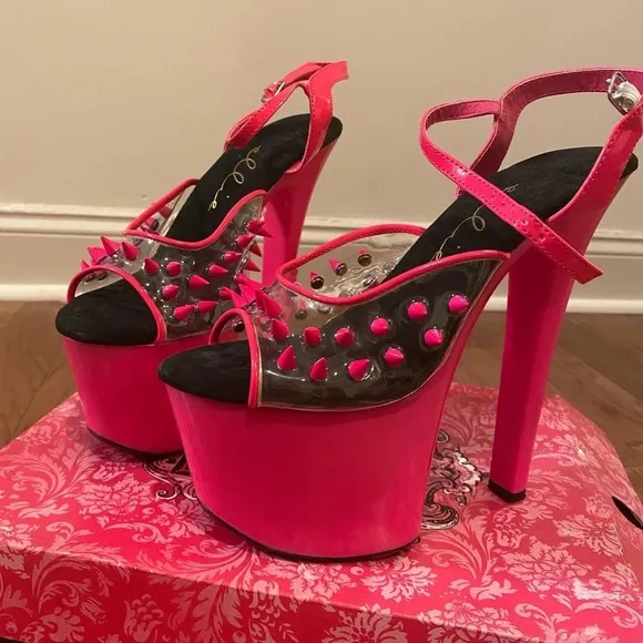 Ellie Shoes Pink Studded Spiked New High Heel Platform Sandals 7” Heels Size 8