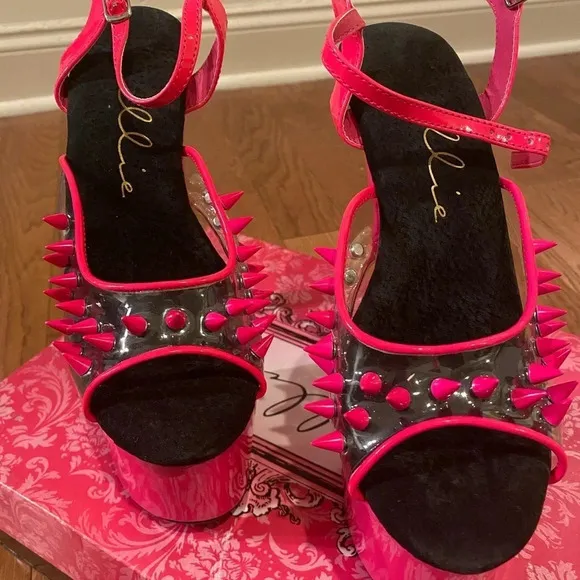 Ellie Shoes Pink Studded Spiked New High Heel Platform Sandals 7” Heels Size 8