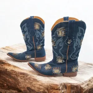 Embroidered Blue Denim Los Altos Western Boots Mens sz 9.5 EE Pointed Toe