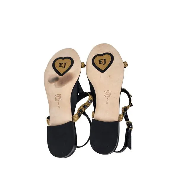 Eric Javits Women's Bien Woven T-Strap Black Rock Studded Sandals Size 9