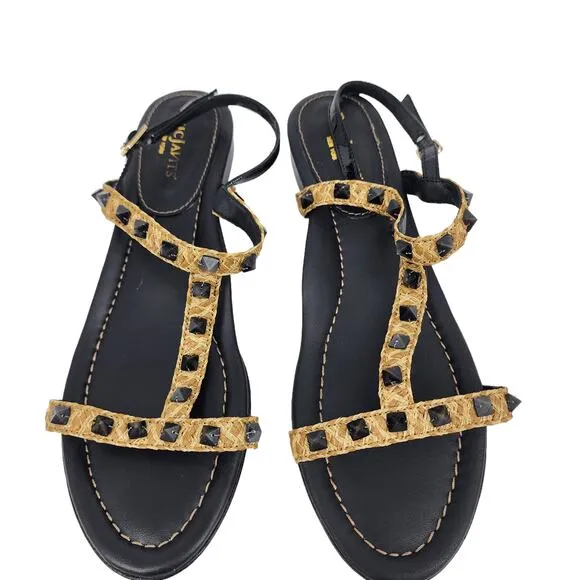 Eric Javits Women's Bien Woven T-Strap Black Rock Studded Sandals Size 9