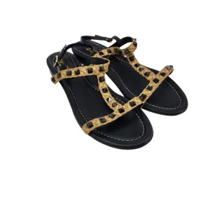 Eric Javits Women's Bien Woven T-Strap Black Rock Studded Sandals Size 9