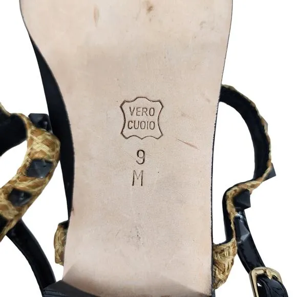 Eric Javits Women's Bien Woven T-Strap Black Rock Studded Sandals Size 9