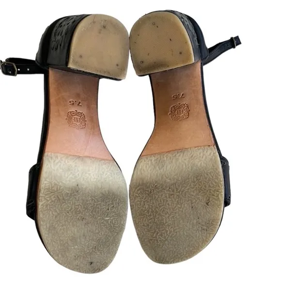 EUC ELF Leather Heeled Whipstitch Sandals Black Size 7.5