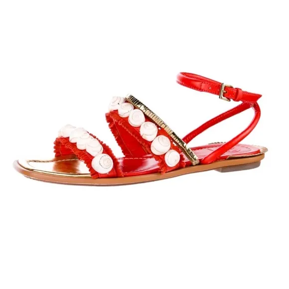 EUC Tory Burch Red Leather Fringe Trim Accent Gladiator Sandals Size: 7