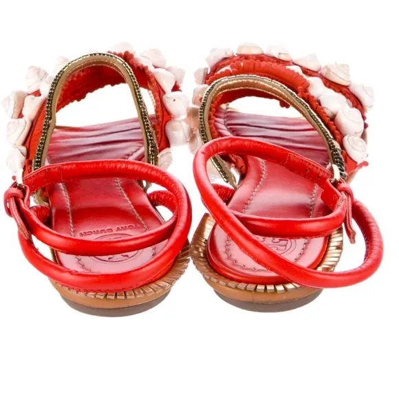 EUC Tory Burch Red Leather Fringe Trim Accent Gladiator Sandals Size: 7