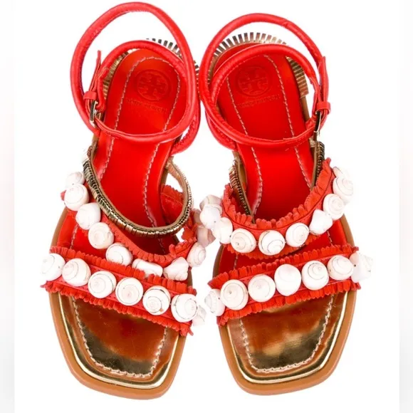 EUC Tory Burch Red Leather Fringe Trim Accent Gladiator Sandals Size: 7
