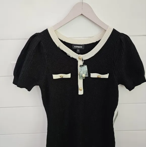 EXPRESS black PUFF SLEEVE BUTTON knit SWEATER DRESS SZ S vintage style