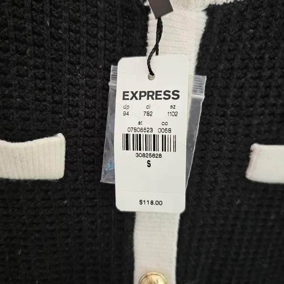 EXPRESS black PUFF SLEEVE BUTTON knit SWEATER DRESS SZ S vintage style