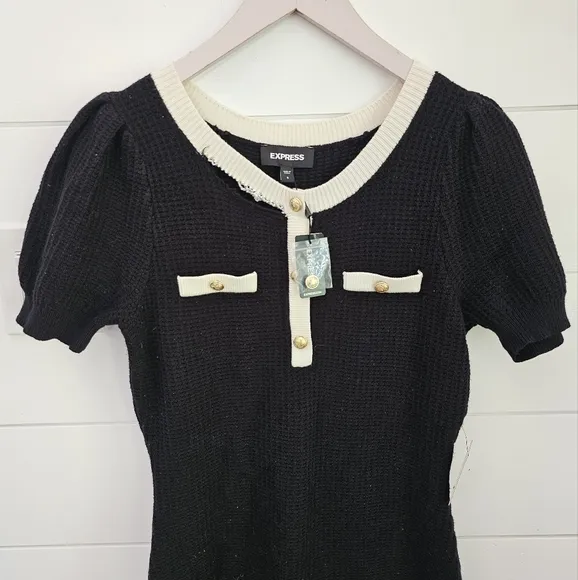 EXPRESS black PUFF SLEEVE BUTTON knit SWEATER DRESS SZ S vintage style