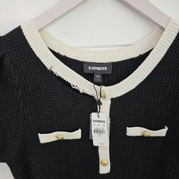 EXPRESS black PUFF SLEEVE BUTTON knit SWEATER DRESS SZ S vintage style