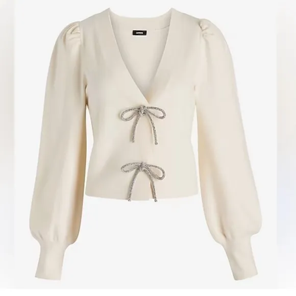 Express -viral ✨Holidays✨ivory embellished rhinestone bow front sweater cardigan