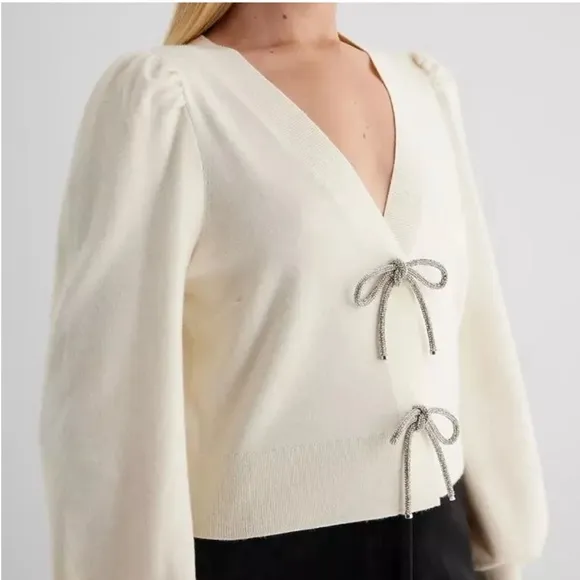 Express -viral ✨Holidays✨ivory embellished rhinestone bow front sweater cardigan