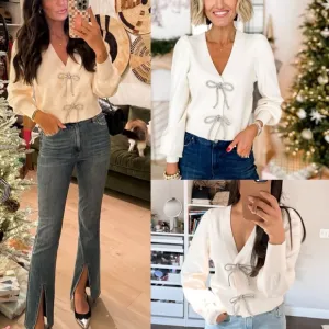 Express -viral ✨Holidays✨ivory embellished rhinestone bow front sweater cardigan