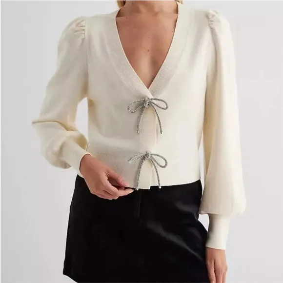 Express -viral ✨Holidays✨ivory embellished rhinestone bow front sweater cardigan