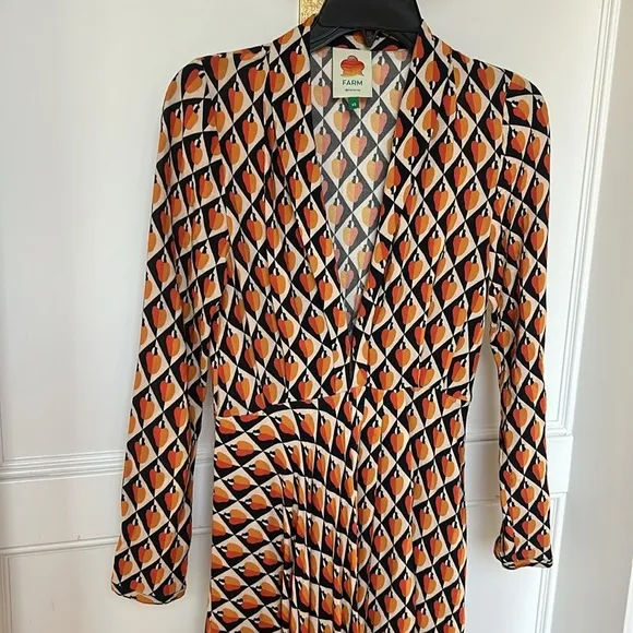 FARM RIO Graphic Cashew Maxi Dress Orange Black Pumpkin Long sleeve size XSmall