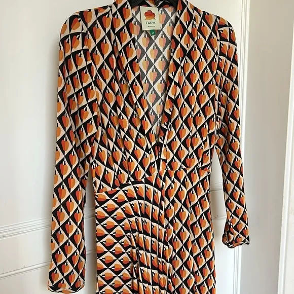 FARM RIO Graphic Cashew Maxi Dress Orange Black Pumpkin Long sleeve size XSmall