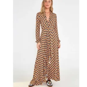 FARM RIO Graphic Cashew Maxi Dress Orange Black Pumpkin Long sleeve size XSmall