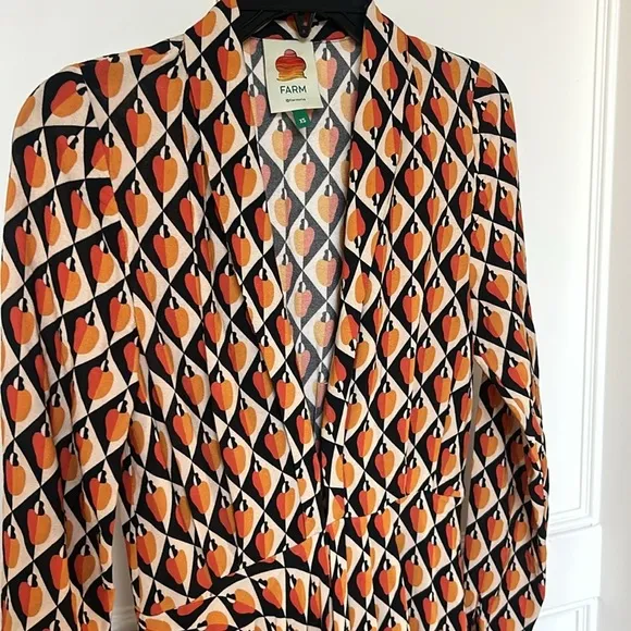 FARM RIO Graphic Cashew Maxi Dress Orange Black Pumpkin Long sleeve size XSmall