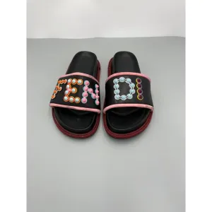 Fendi Multicolor Black &quot;Fun Fair&quot; Studded Logo Pink Trim Leather Slide Sandals