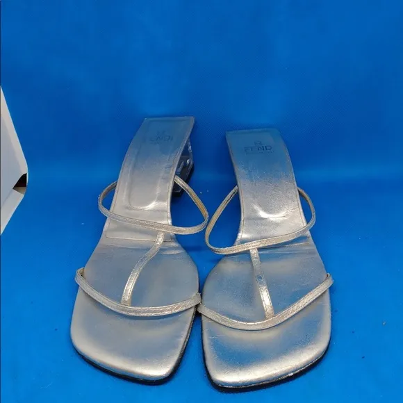 Fendi silver leather 38 1/2 lucite heeled sandals