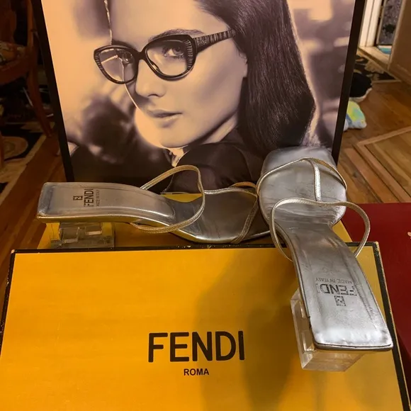 Fendi silver leather 38 1/2 lucite heeled sandals