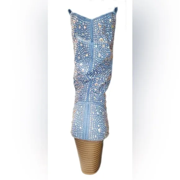 Forever Rhinestone Embellished Denim Boots Size 6 GORGEOUS NEW Western