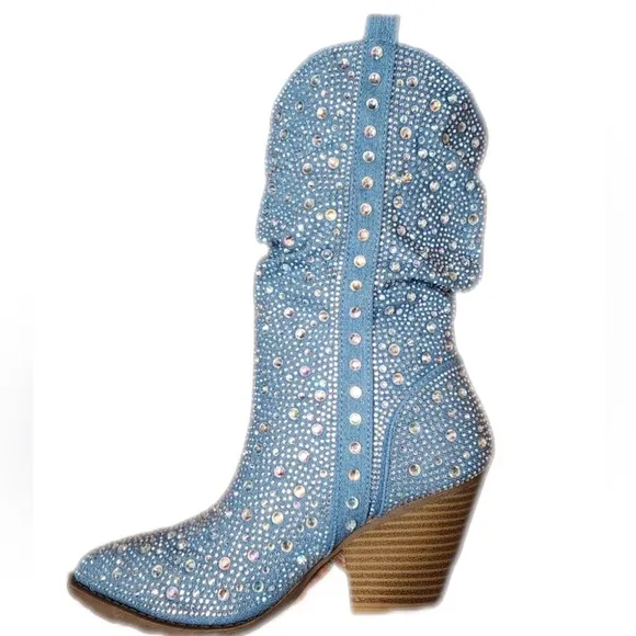 Forever Rhinestone Embellished Denim Boots Size 6 GORGEOUS NEW Western