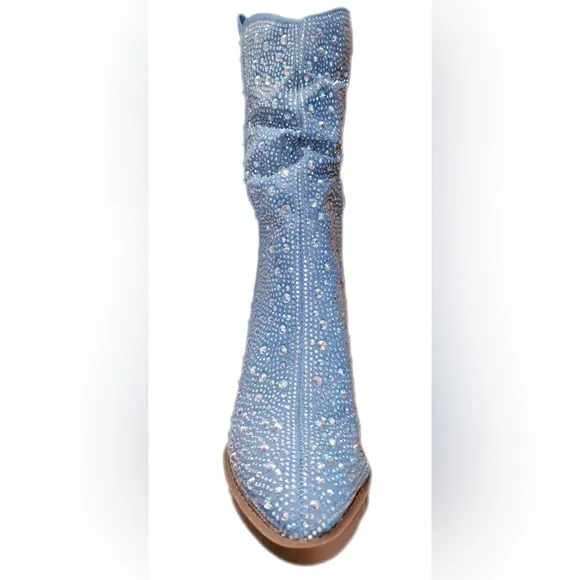 Forever Rhinestone Embellished Denim Boots Size 6 GORGEOUS NEW Western