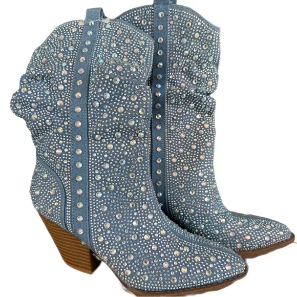 Forever Rhinestone Embellished Denim Boots Size 6 GORGEOUS NEW Western