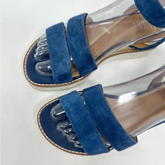 Franco Sarto Connolly Blue Suede Ankle Strap Wedge Sandals, NEW Size 6 MSRP $120