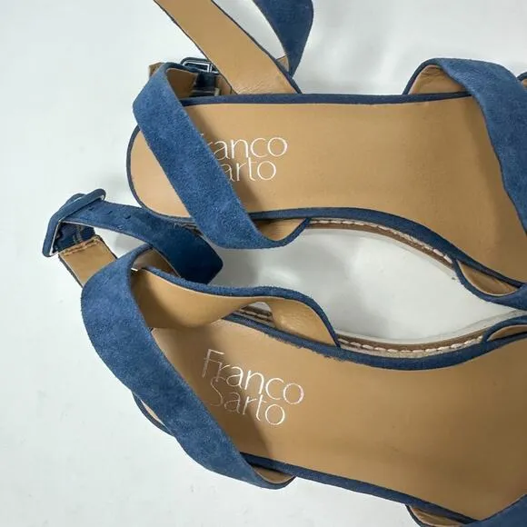 Franco Sarto Connolly Blue Suede Ankle Strap Wedge Sandals, NEW Size 6 MSRP $120