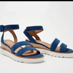 Franco Sarto Connolly Blue Suede Ankle Strap Wedge Sandals, NEW Size 6 MSRP $120