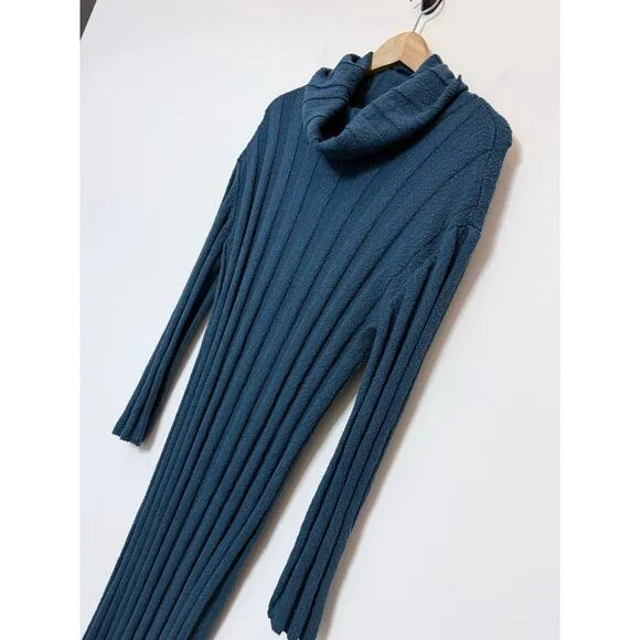 FREE PEOPLE Beach rare turquoise green ribbed knit cowl cotton sweater dress