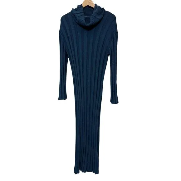FREE PEOPLE Beach rare turquoise green ribbed knit cowl cotton sweater dress