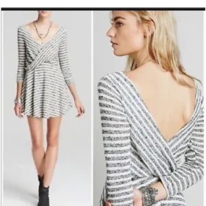 Free People black grey white striped long sleeve knit skater dress nwot XS