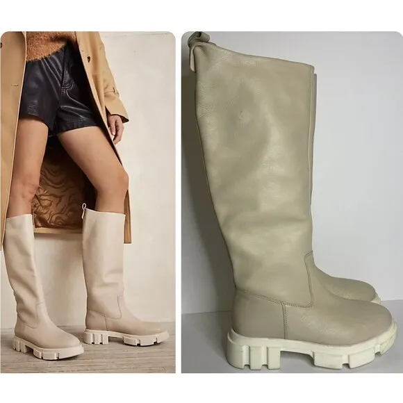 FREE PEOPLE Brooks Tall Leather Chunky Lug Sole Boot In Chalk Sz 6