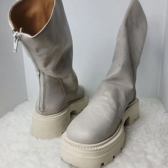 Free People Emma Ruche Leather Boots Size 10.5 Grey White Chunky Sole