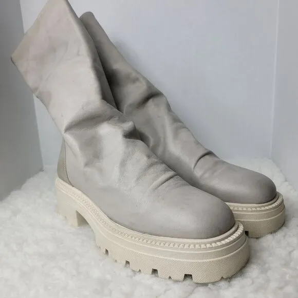 Free People Emma Ruche Leather Boots Size 10.5 Grey White Chunky Sole