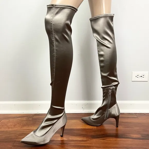 FREE PEOPLE GRAY SATIN OVER-THE-KNEE BOOTS