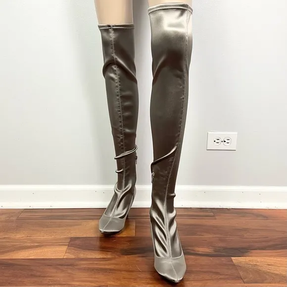 FREE PEOPLE GRAY SATIN OVER-THE-KNEE BOOTS