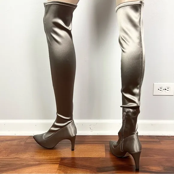 FREE PEOPLE GRAY SATIN OVER-THE-KNEE BOOTS