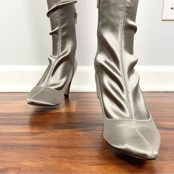 FREE PEOPLE GRAY SATIN OVER-THE-KNEE BOOTS