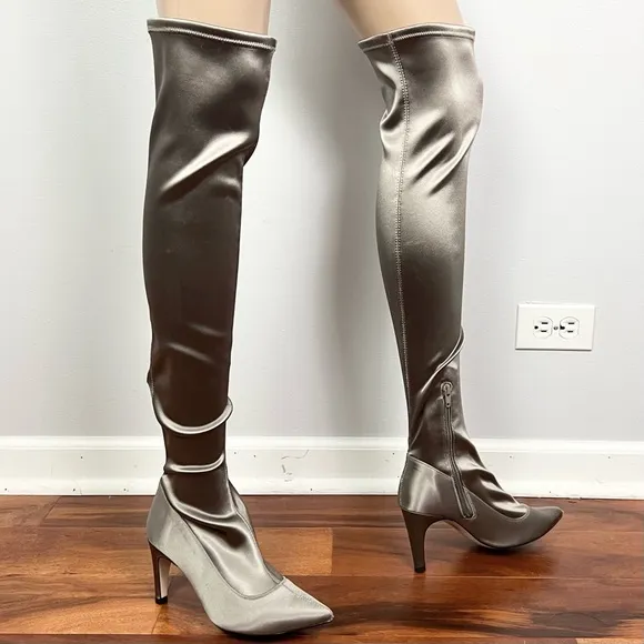 FREE PEOPLE GRAY SATIN OVER-THE-KNEE BOOTS