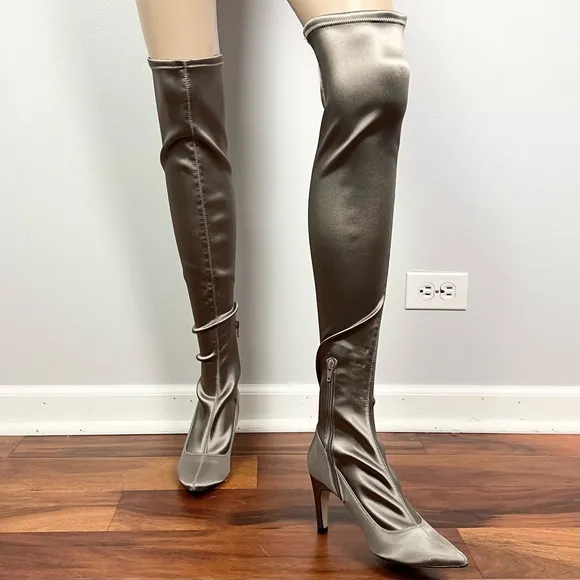 FREE PEOPLE GRAY SATIN OVER-THE-KNEE BOOTS