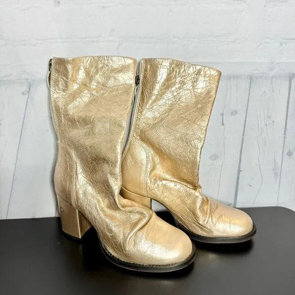 Free People metallic gold crackle leather slouchy tall heel boots size 37 new