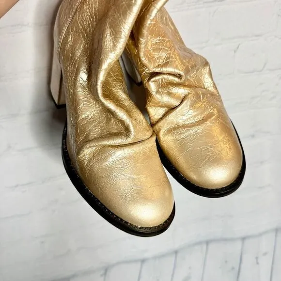 Free People metallic gold crackle leather slouchy tall heel boots size 37 new