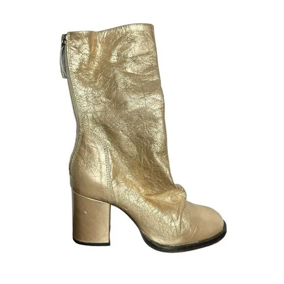 Free People metallic gold crackle leather slouchy tall heel boots size 37 new