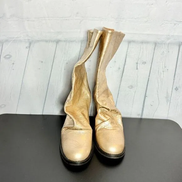 Free People metallic gold crackle leather slouchy tall heel boots size 37 new